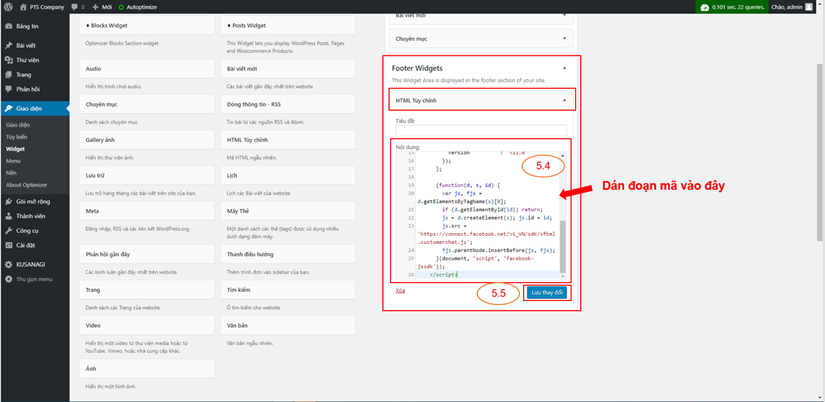 Dán đoạn mã vừa sao chép bên fanpage vào HTML vừa thêm vào footer widgets